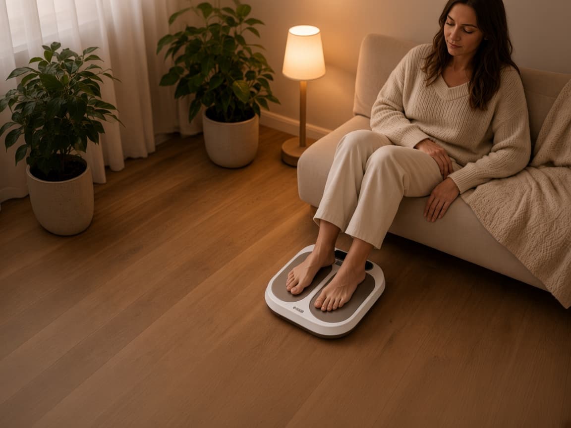 Kvinna sitter stilla med båda fötterna på plattan en kväll
