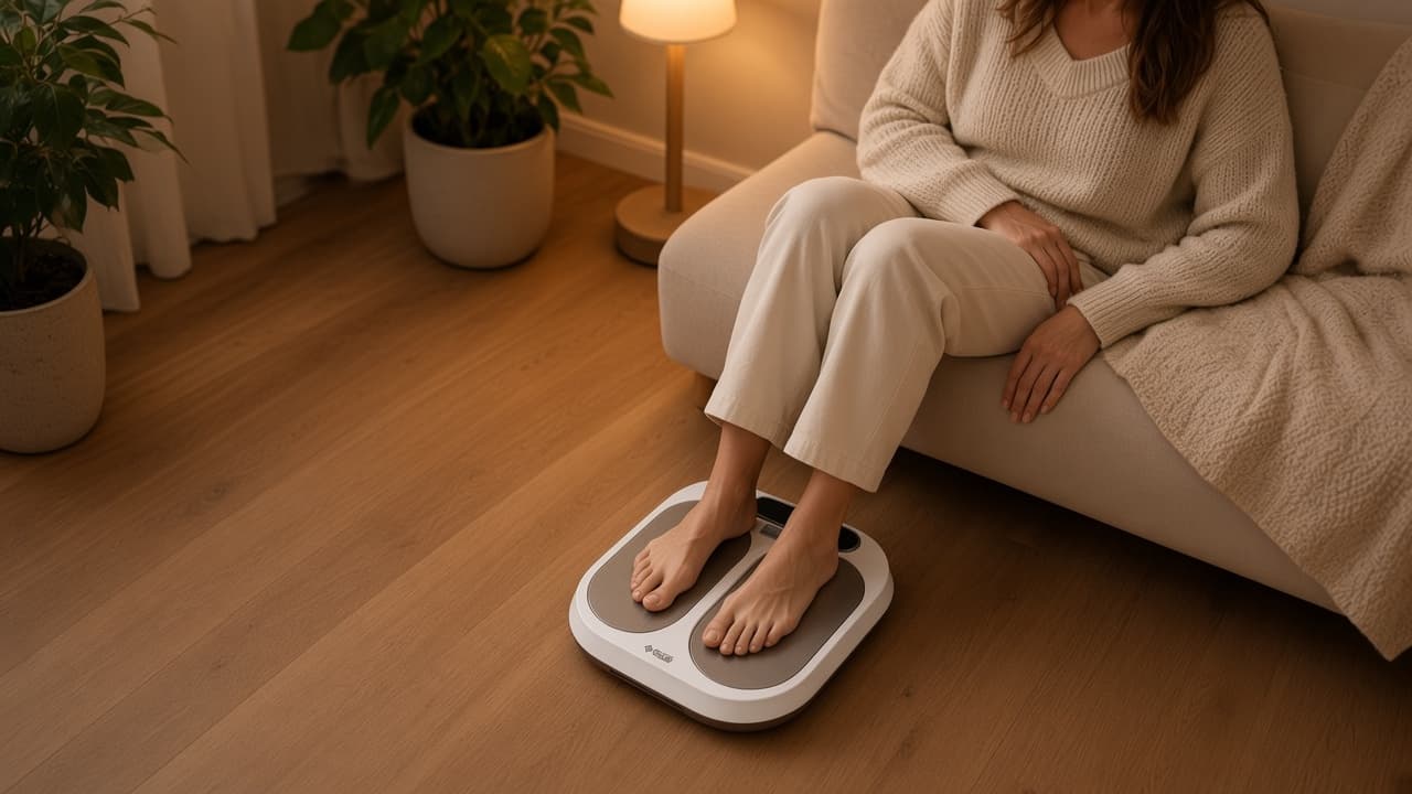 Kvinna sitter i soffan med fötterna på plattan en kväll